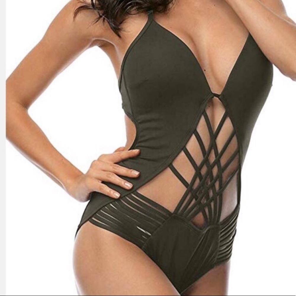 New Kenneth Cole strappy one piece olive green suit